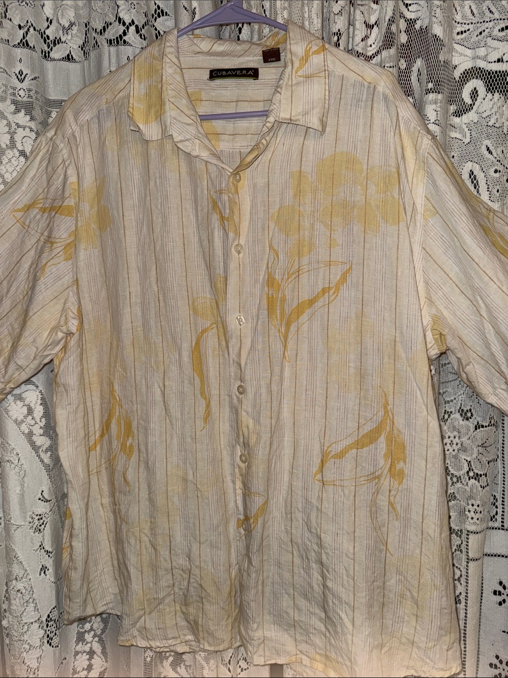 Cubavera linen Cream Button-Up Shirt with Yellow Floral Print